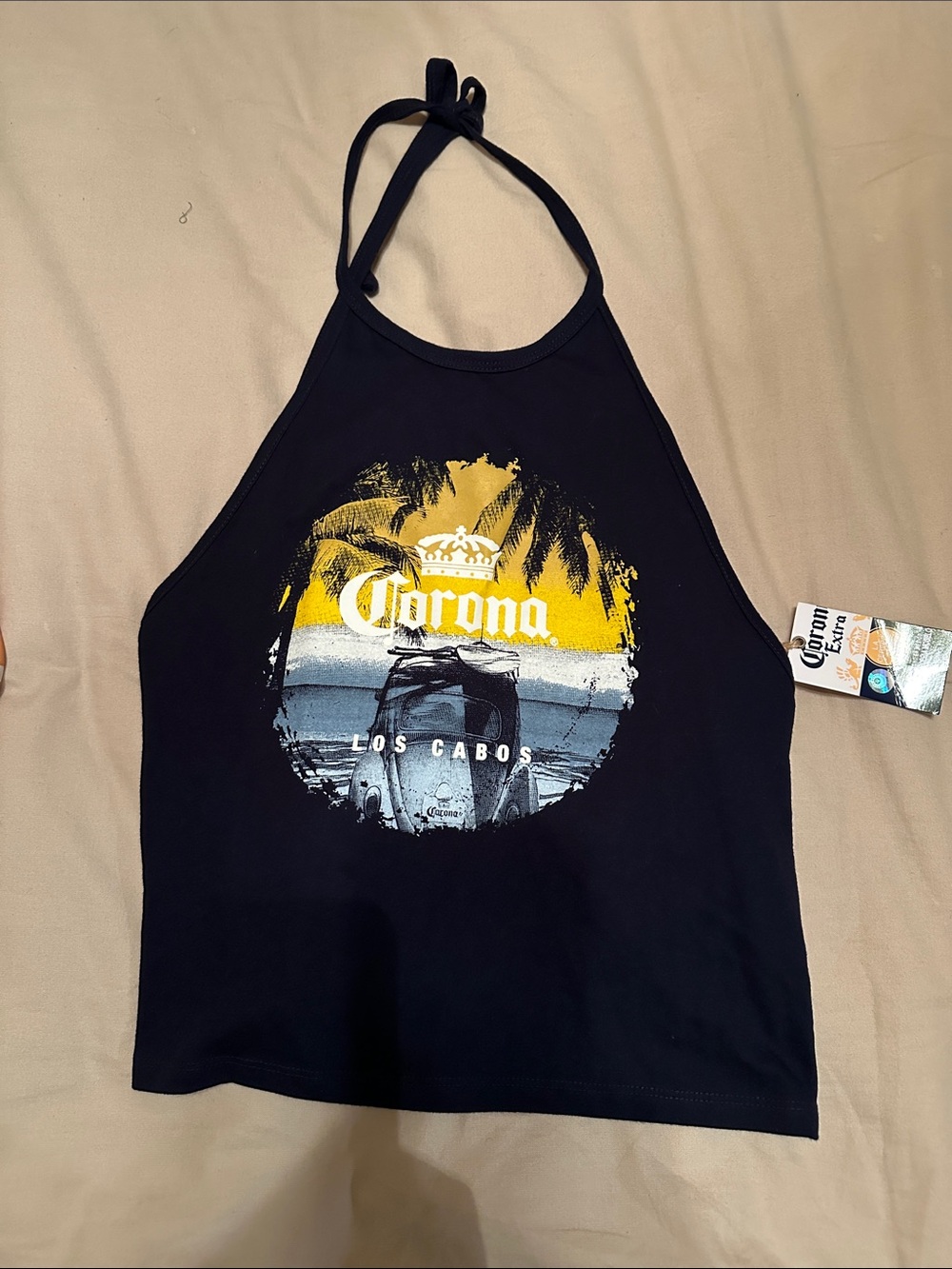 Corona Black Halter Tank with Yellow Sunset Graphic